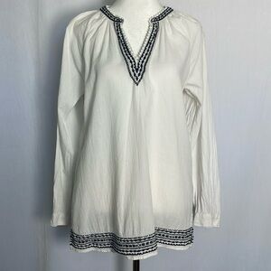 J. CREW Embroidered Tunic Top Size S White Blue Lagenlook Pullover Long Sleeve